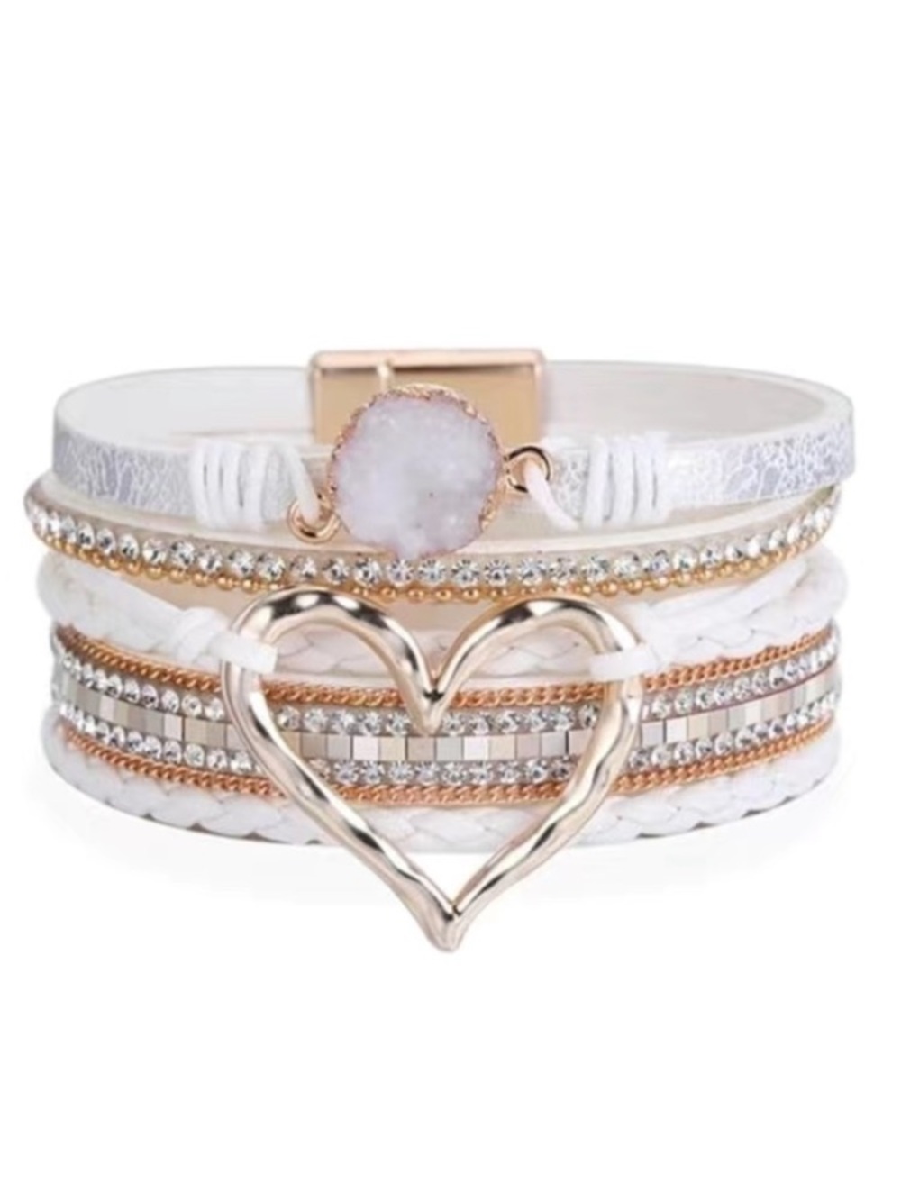 White Leather Multi Layer Heart Crystal Druzy Magnetic Bracelet
